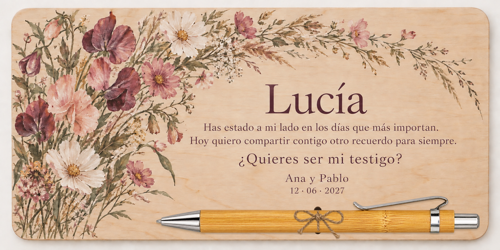 Plaque de contreplaqué imprimée en couleur avec des fleurs sauvages, le prénom Lucía et un stylo en bambou