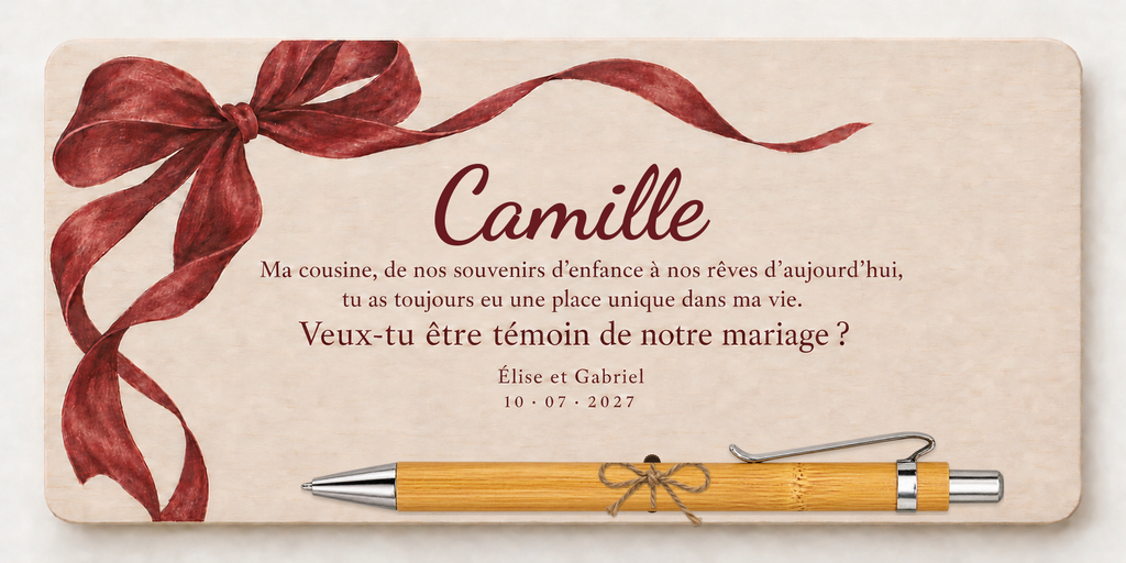 Plaque imprimée en couleur avec un nœud bordeaux, le prénom Camille et un stylo en bambou