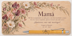 Plaque imprimée en couleur avec des fleurs sauvages, le texte Mamá et un stylo en bambou