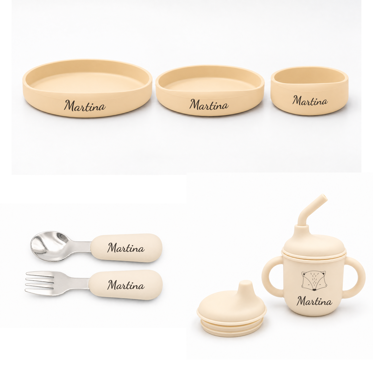 Vajilla de bebé personalizada de 6 piezas en Crema, con nombre y animalito en el vaso