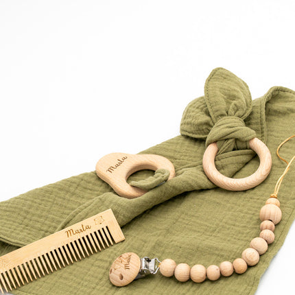 Ensemble Mousseline, Attache-sucette Personnalisé, Anneau de Dentition et Peigne