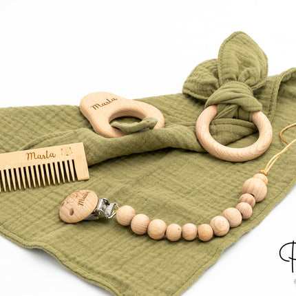 Ensemble Mousseline, Attache-sucette Personnalisé, Anneau de Dentition et Peigne