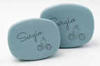 Tapas azul gris personalizadas con nombres y bicicletas