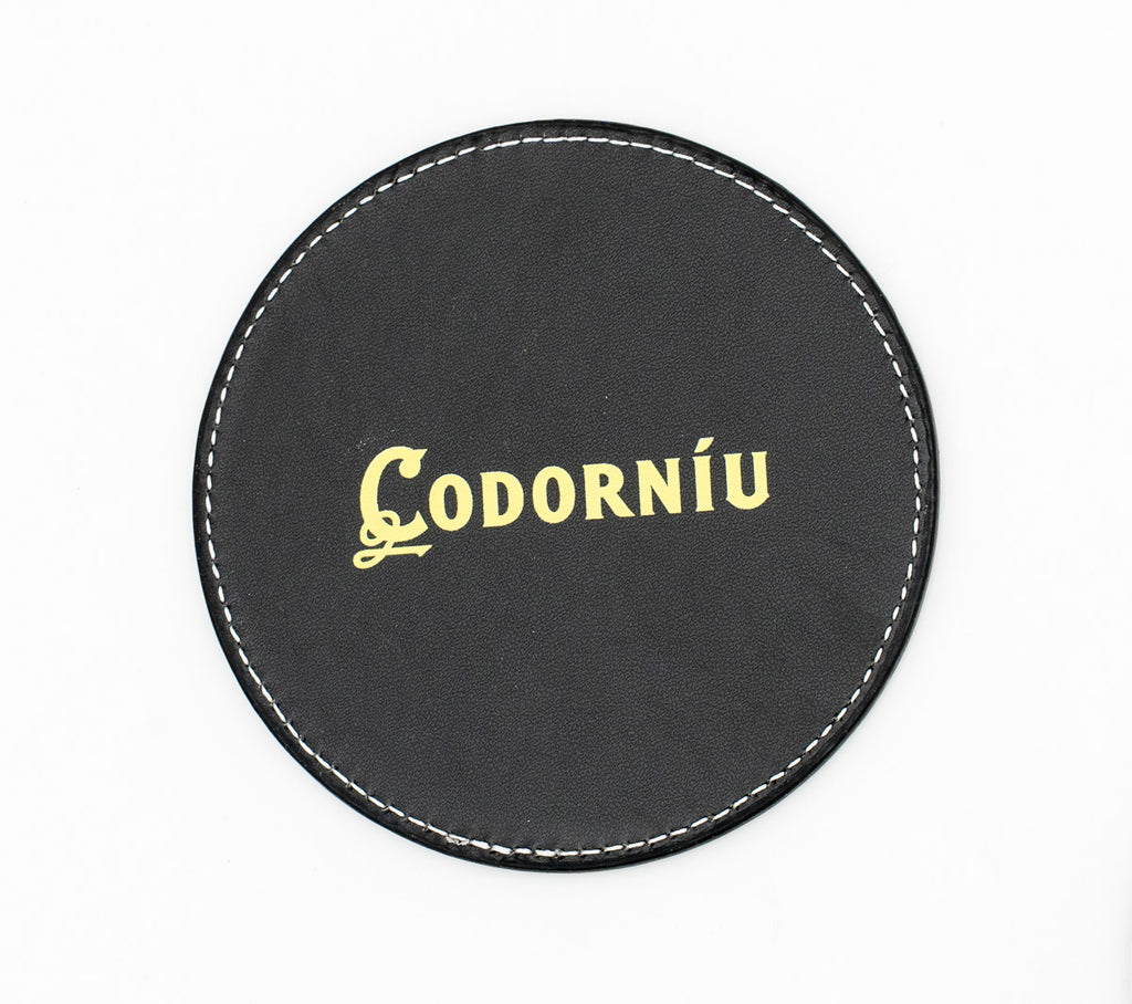 Posavasos de cuero PU negro con logotipo dorado impreso