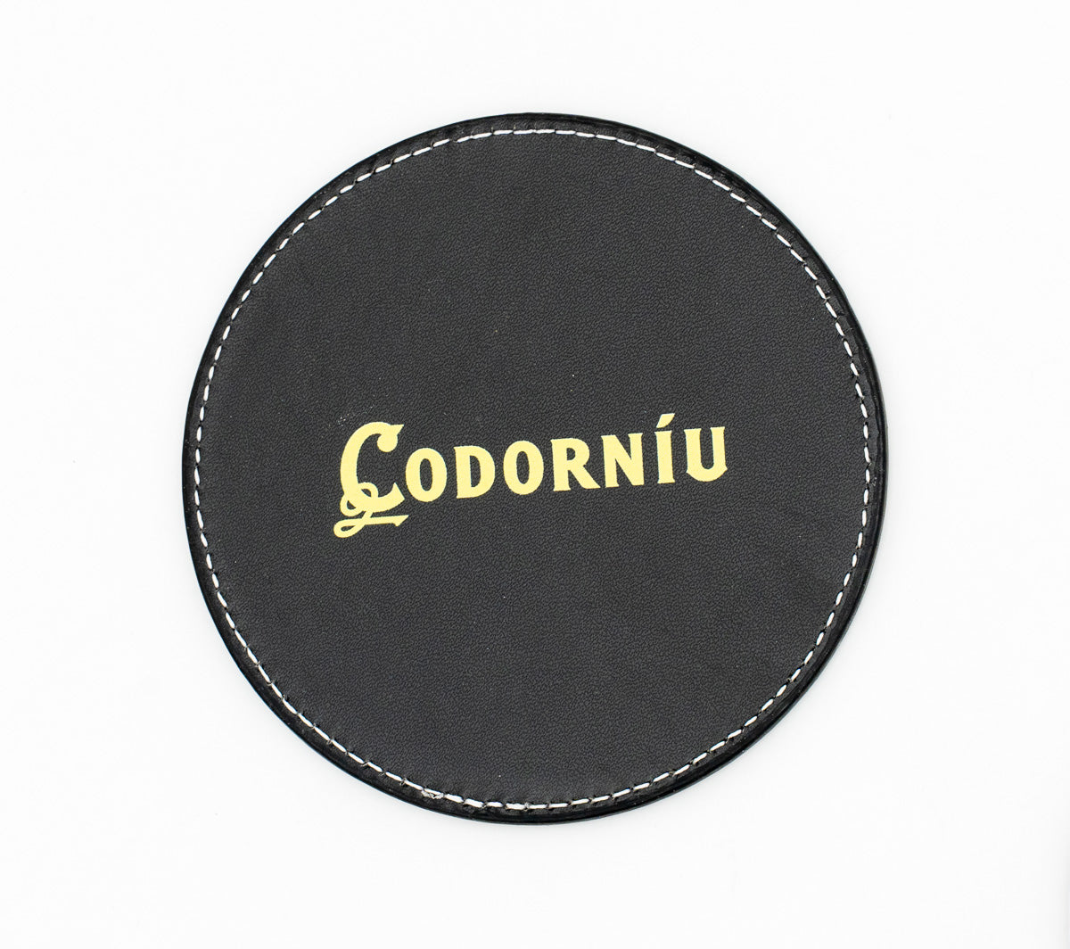Posavasos de cuero PU negro con logotipo dorado impreso
