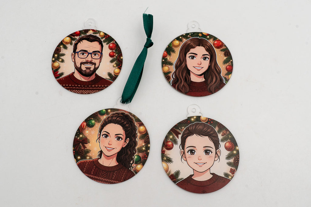 Quatre ornements transparents avec portraits de style manga et décoration de Noël.