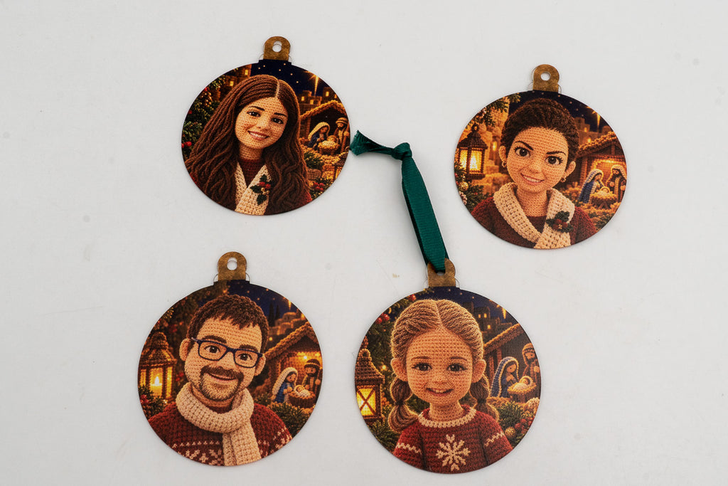 Quatre ornements plats avec portraits de style crochet et scènes de crèche.