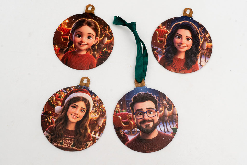 Quatre ornements plats avec personnages d’animation 3D et décor du Père Noël.
