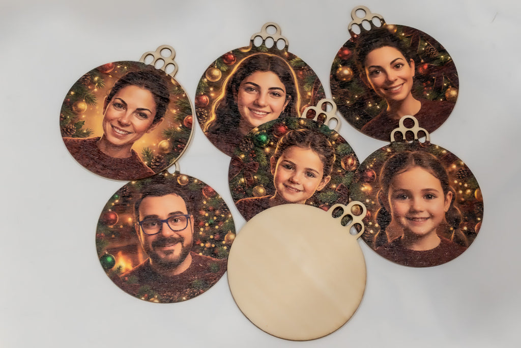 Ornements circulaires en bois avec portraits photographiques de Noël et une pièce vue de dos.
