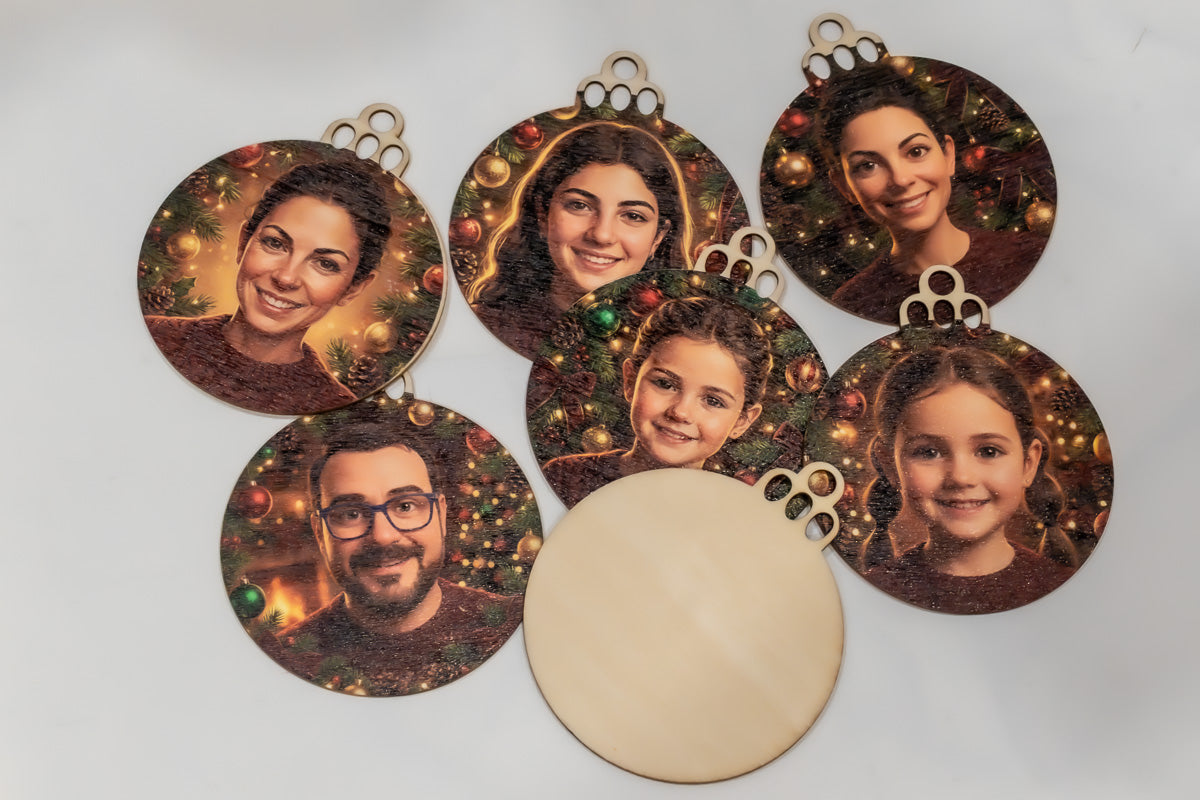 Ornements circulaires en bois avec portraits photographiques de Noël et une pièce vue de dos.