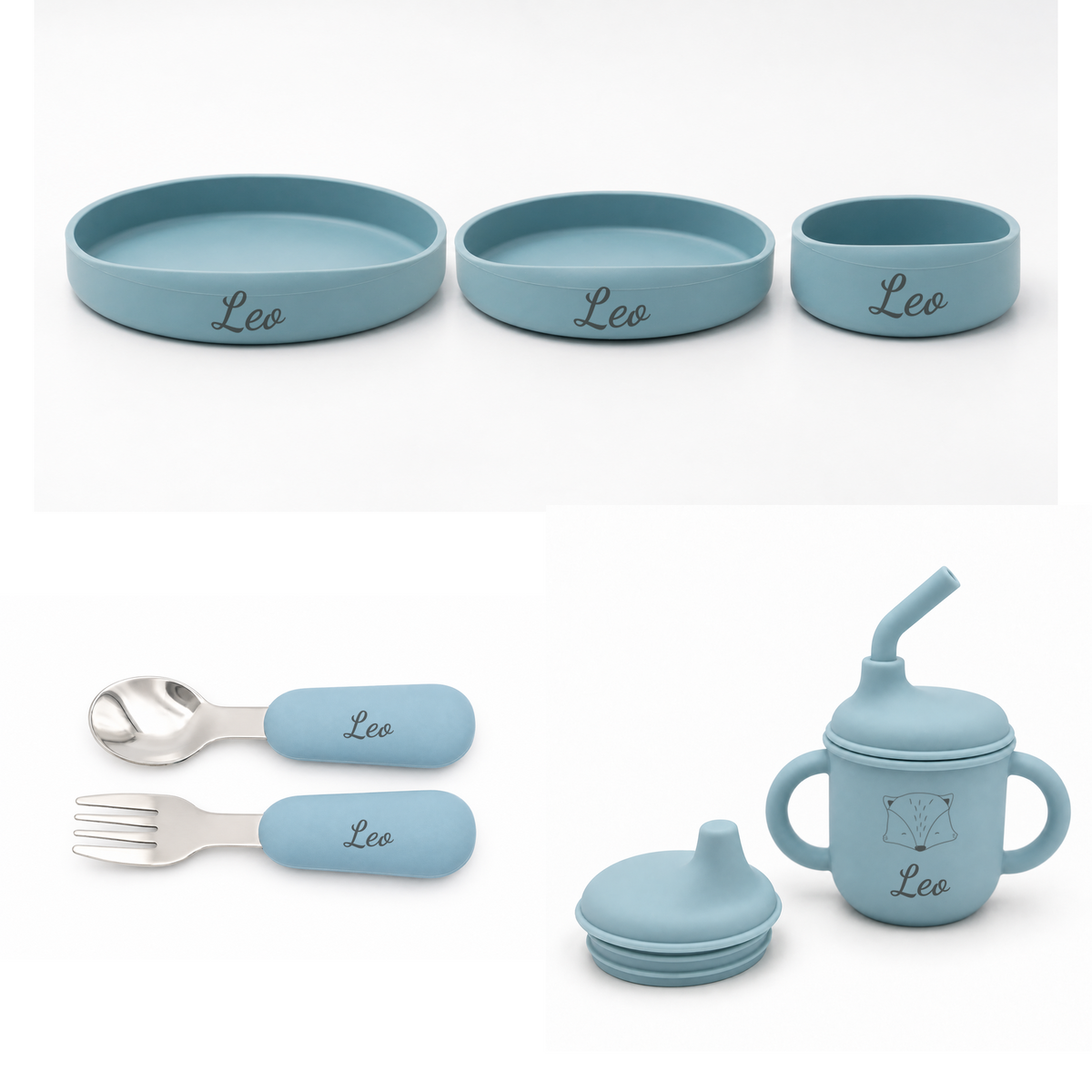 Vajilla de bebé personalizada de 6 piezas en Azul, con nombre y animalito en el vaso