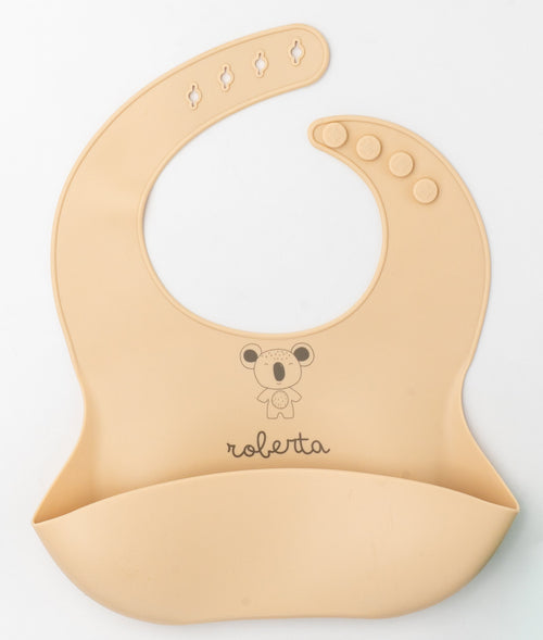 Bavoir en silicone pêche clair avec le prénom Roberta et un koala gravés