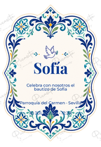 Invitación de Bautizo Azulejo celeste · Sofía