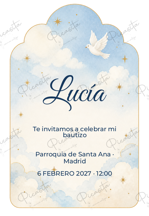 Invitación de Bautizo Cielo de algodón · Lucía