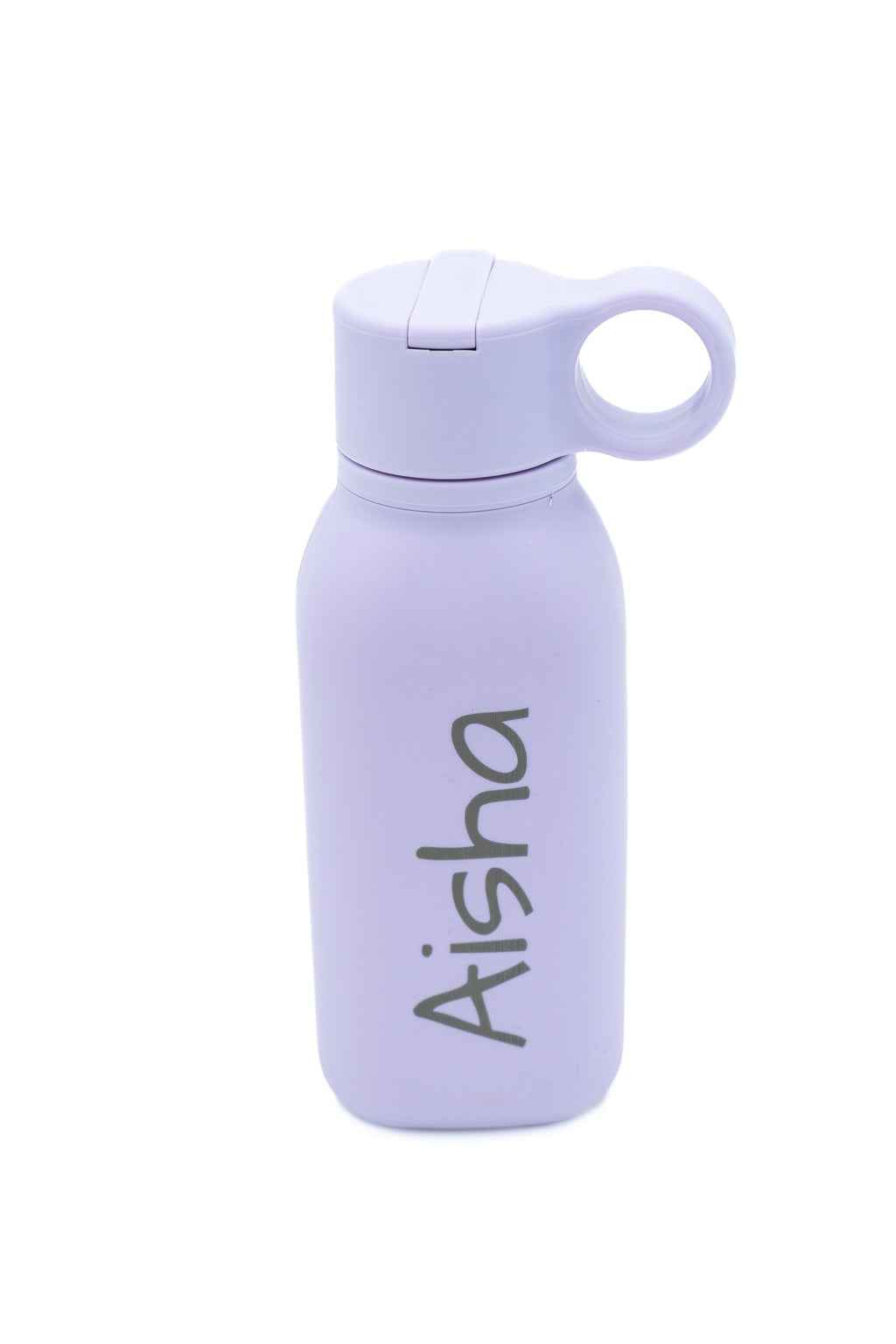 Gourde en silicone lilas clair personnalisée avec un prénom
