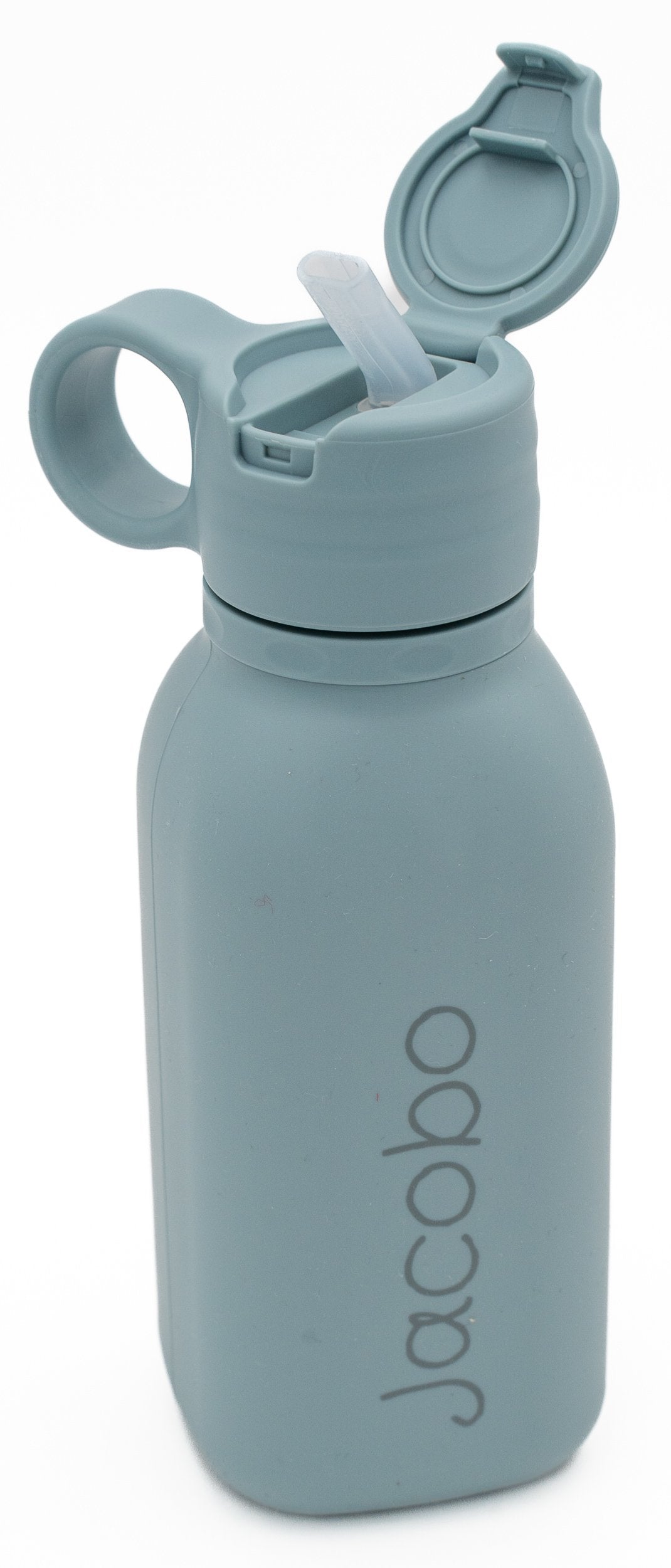 Gourde bleu gris avec le prénom Jacobo et clapet ouvert