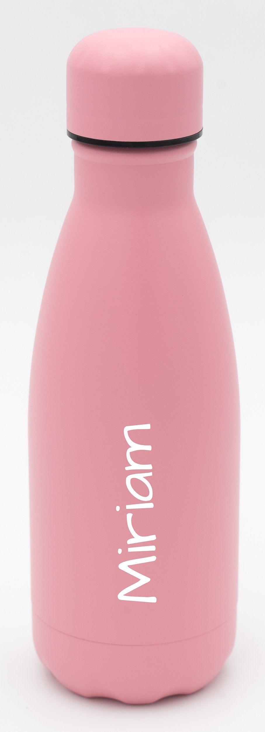 Gourde isotherme rose de 350 ml avec le prénom Miriam gravé à la verticale