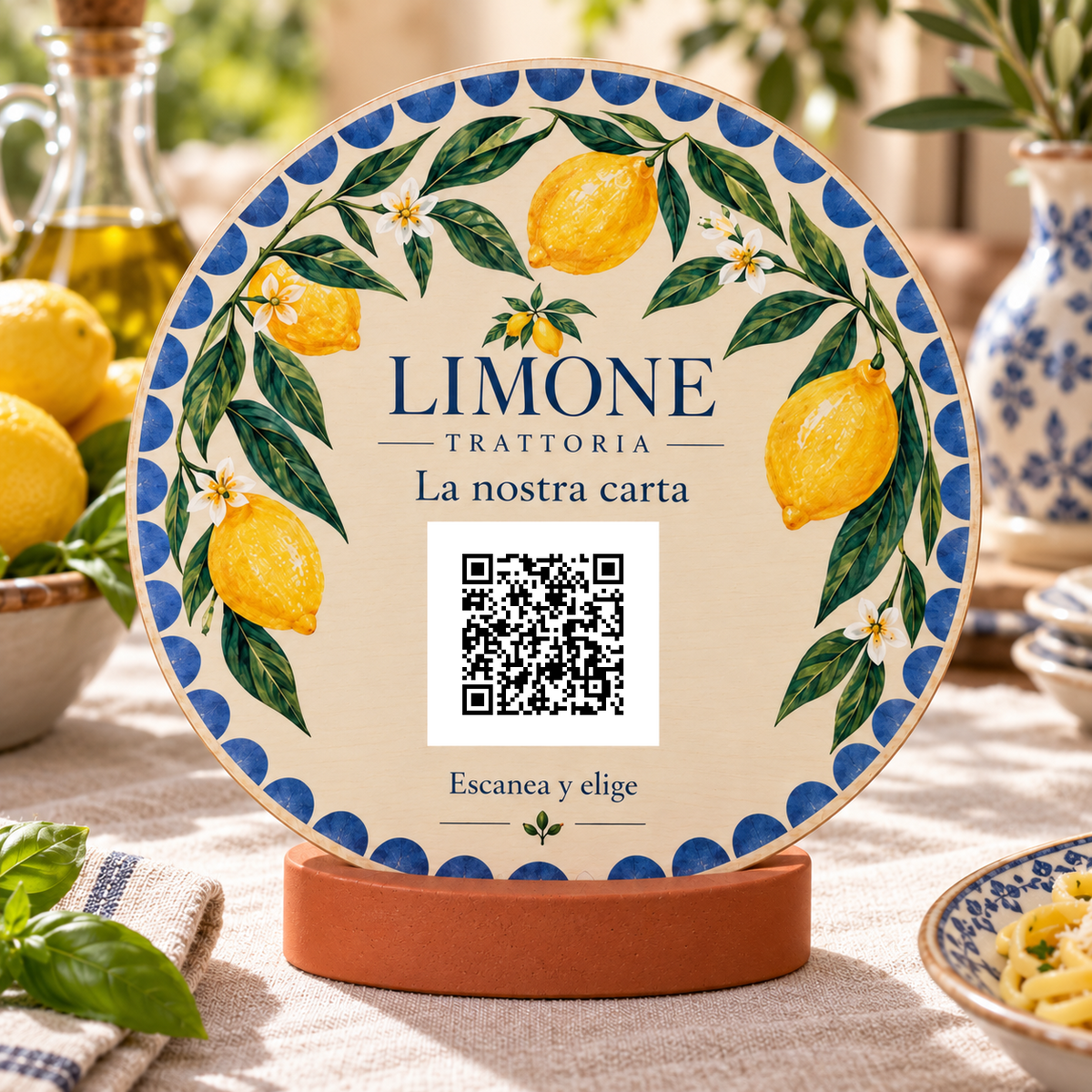 Simulation de Pancarte de menu avec QR méditerranéen et socle · vue de détail