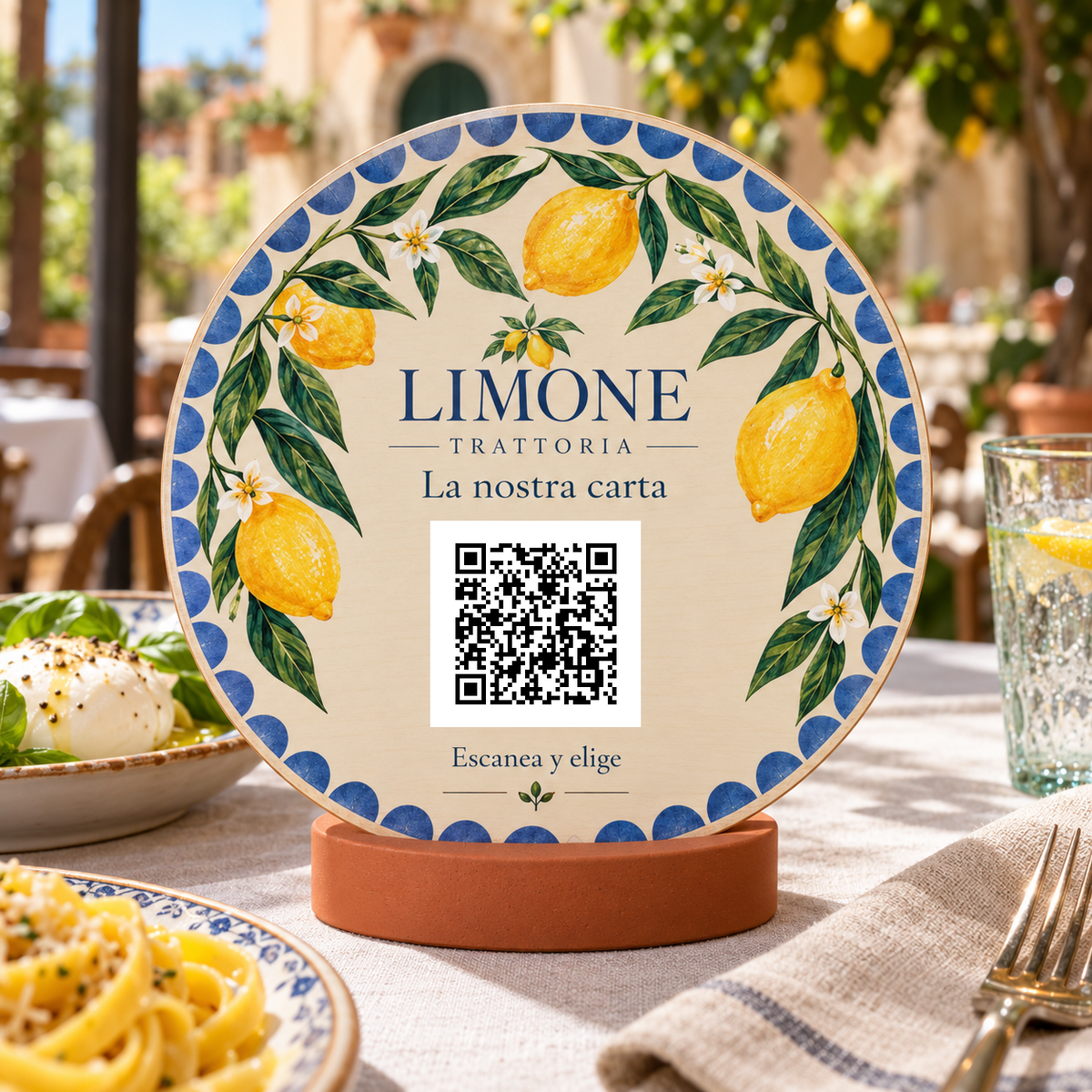 Simulation de Pancarte de menu avec QR méditerranéen et socle · exemple 1