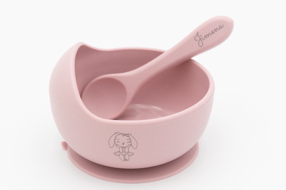 Bol rose avec dessin et cuillère avec prénom