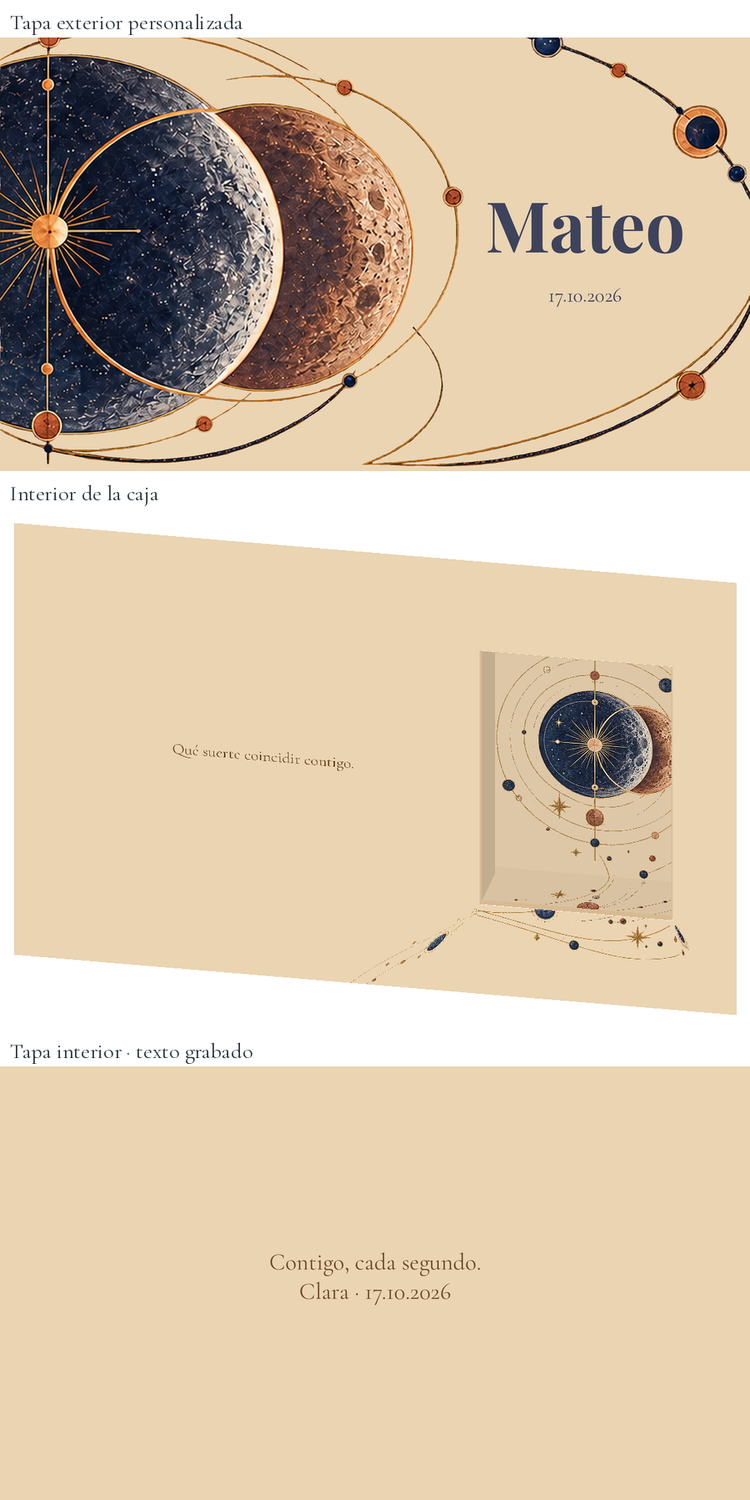 Représentation numérique: Boîte à montre personnalisée pour le marié — Eclipse. Boîte en bois de 24 × 16 cm ; montre non incluse.
