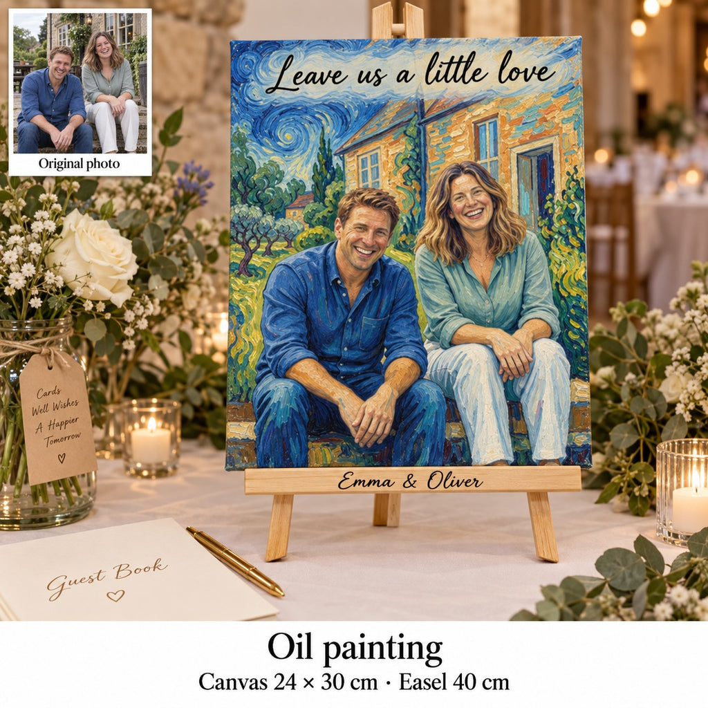 Toile de 24 × 30 cm avec portrait façon peinture à l’huile et « Leave us a little love », sur chevalet près du livre d’or du mariage.