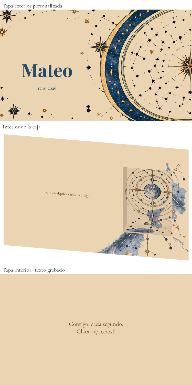 Représentation numérique: Boîte à montre personnalisée pour le marié — Firmamento. Boîte en bois de 24 × 16 cm ; montre non incluse.