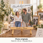Toile de 20 × 20 cm avec photo de Camille et Thomas avant le mariage et « Nos plus beaux souvenirs », dans un espace de souvenirs.