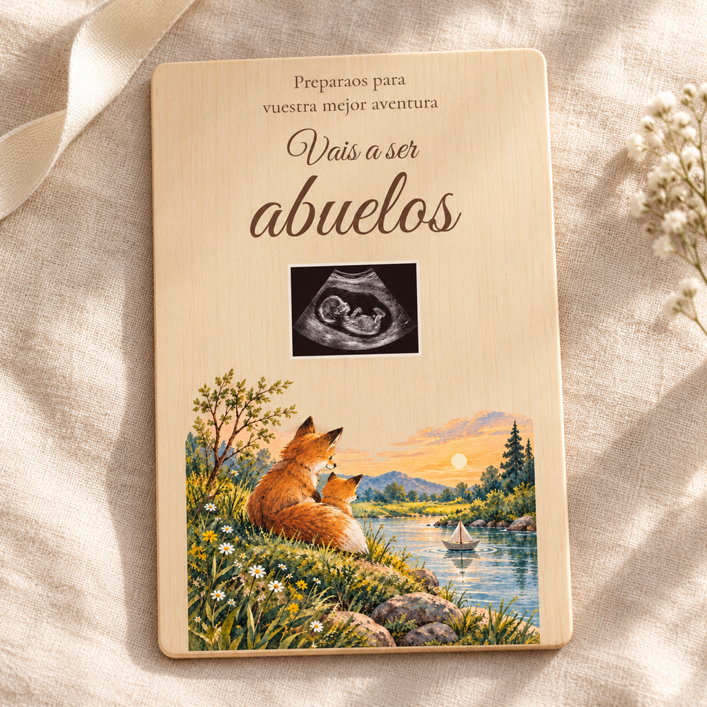 Simulation photographique de la plaque Aventure pour annoncer une grossesse, avec des renards et une échographie illustrative.