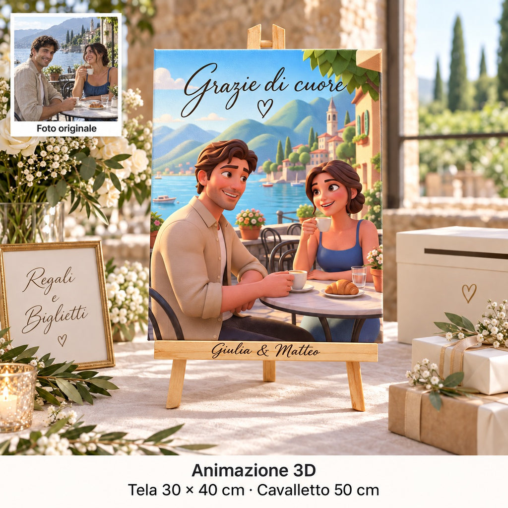 Toile de 30 × 40 cm avec portrait en animation 3D et « Grazie di cuore », sur chevalet personnalisé à la table des cadeaux de mariage.