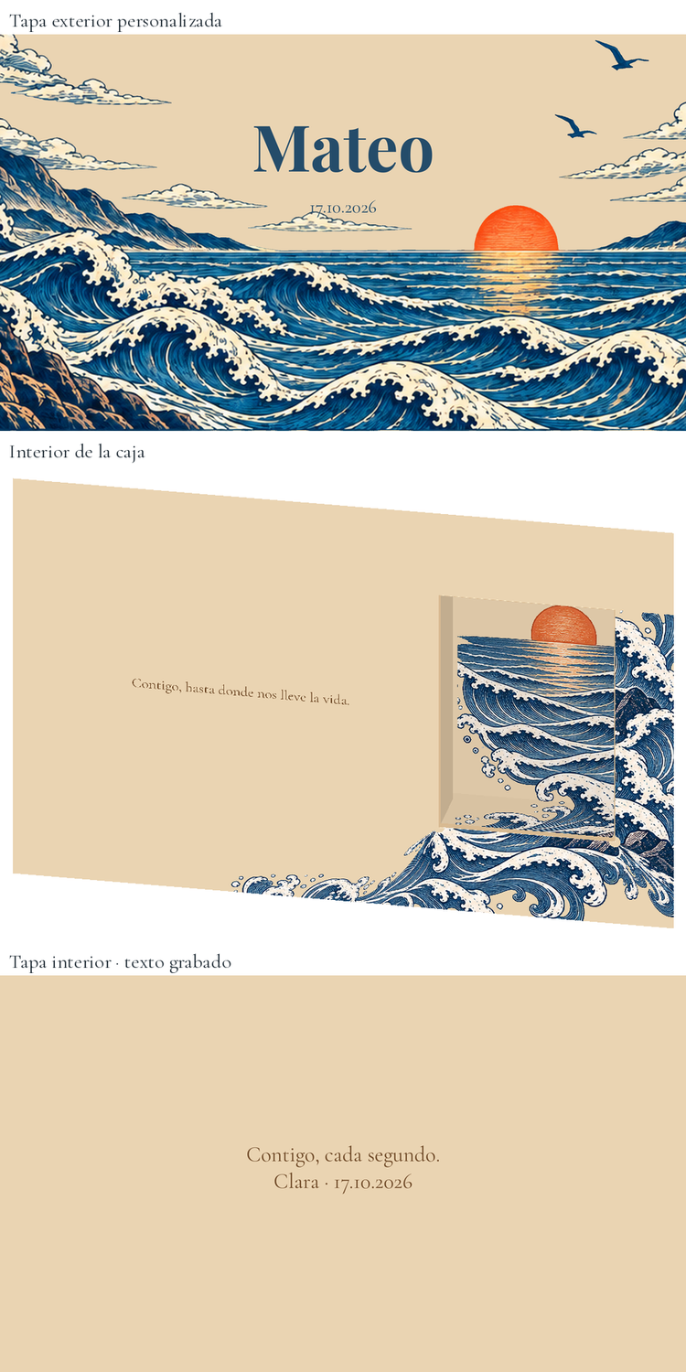 Représentation numérique: Boîte à montre personnalisée pour le marié — Marea serena. Boîte en bois de 24 × 16 cm ; montre non incluse.