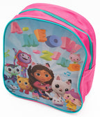 Frontal de mochila variante Ameowzing con Gabby y múltiples personajes de la serie sobre fondo azul.