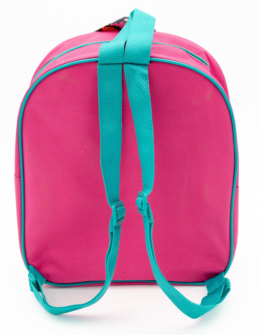Dos d’un sac à dos rose uni pour enfant avec bretelles réglables bleu-vert