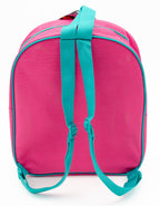 Dos d’un sac à dos rose uni pour enfant avec bretelles réglables bleu-vert