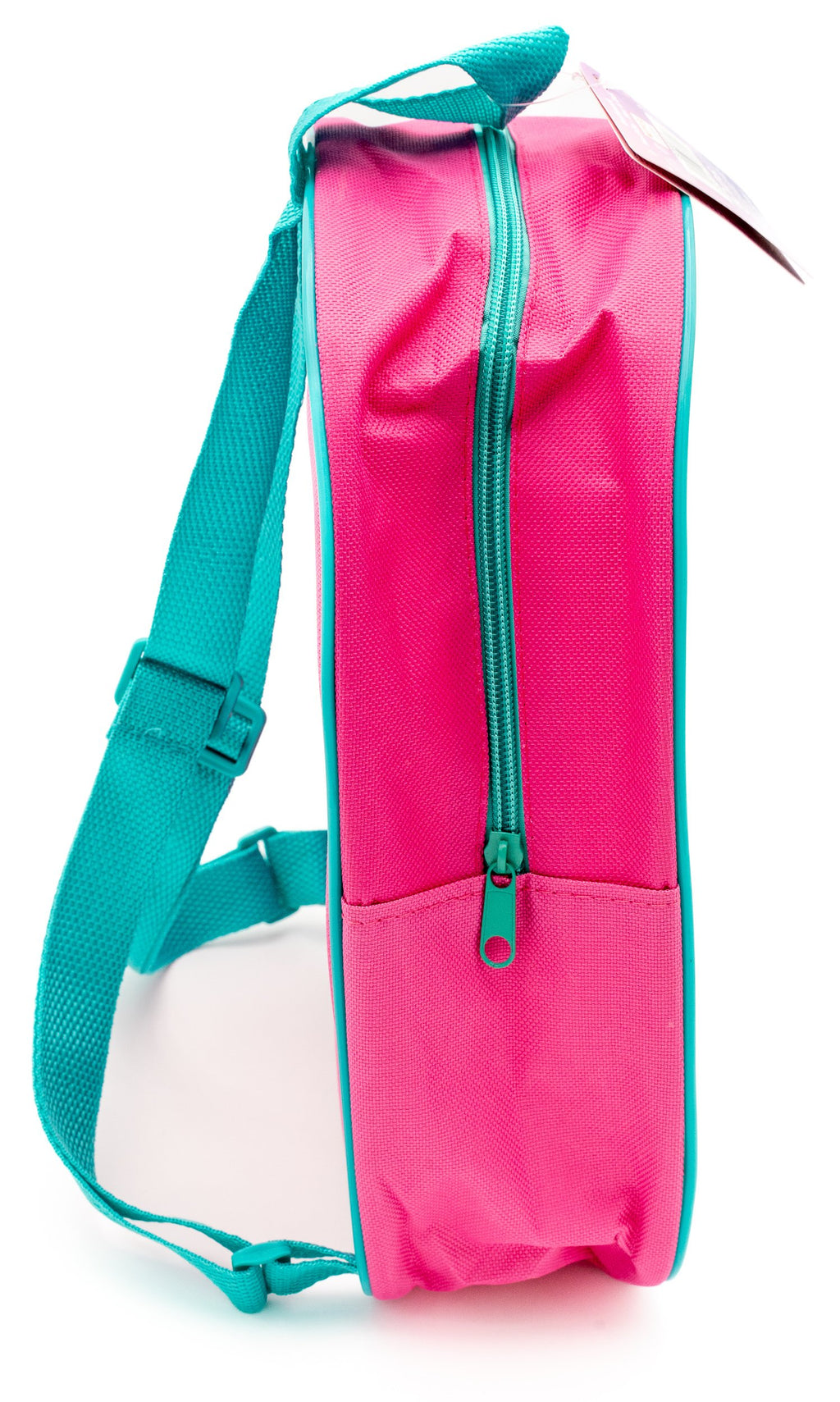 Perfil de mochila escolar con cremallera verde azulado y tejido técnico rosa de alta resistencia.