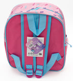 Dos d’un sac à dos scolaire rose avec bretelles bleues réglables et poignée supérieure