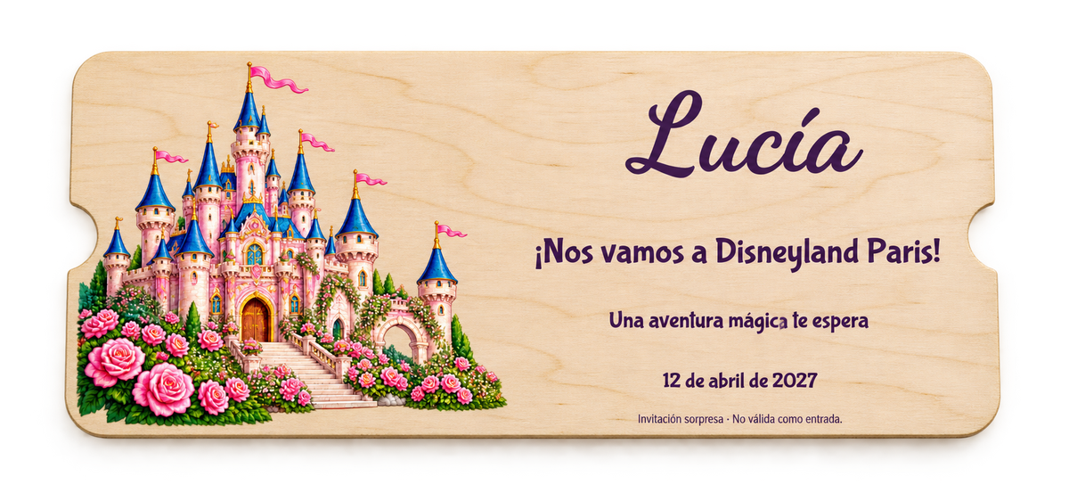 Simulation numérique d’une invitation illustrée à Disneyland Paris sur contreplaqué ; l’aspect réel peut varier.