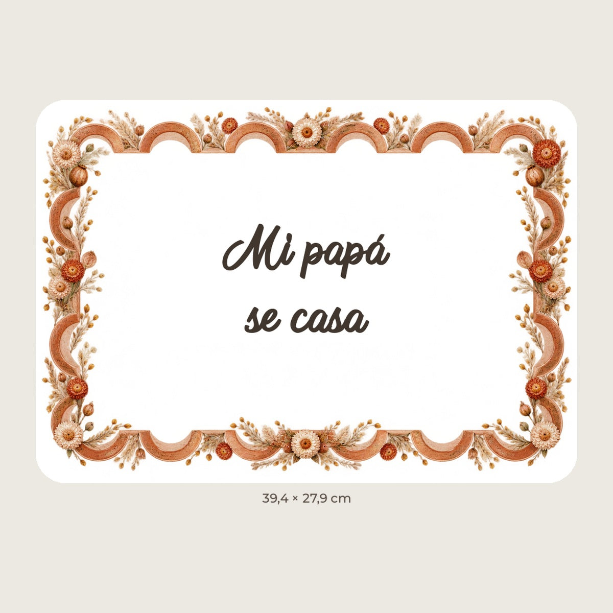 Aperçu numérique : pancarte rectangulaire blanche avec bordure bohème et texte «Mi papá se casa».