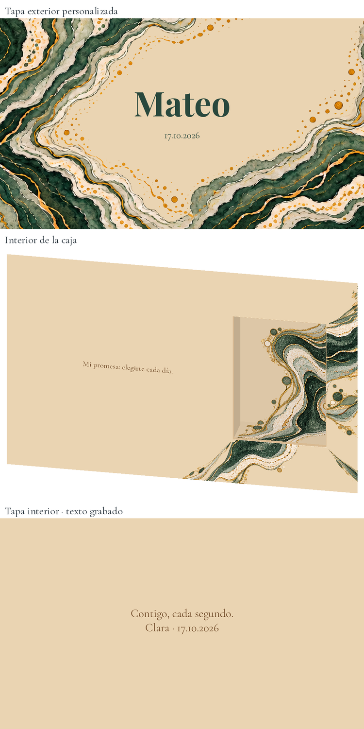 Représentation numérique: Boîte à montre personnalisée pour le marié — Ónix y jade. Boîte en bois de 24 × 16 cm ; montre non incluse.