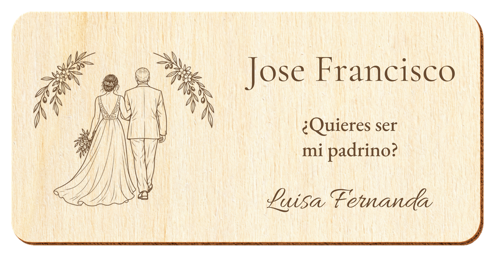 Simulation d’une plaque pour parrain de mariage, gravure laser sur contreplaqué, scène Accompagnement à l’autel, Jose Francisco et Luisa Fernanda, personnages vus de dos sans visage.