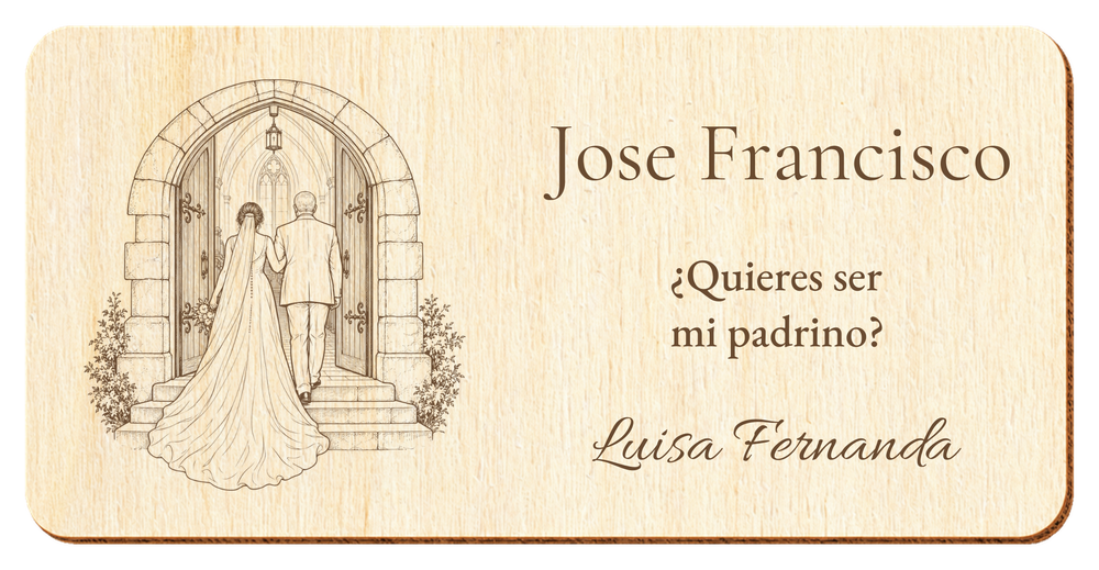 Simulation d’une plaque pour parrain de mariage, gravure laser sur contreplaqué, scène Entrée à l’église, Jose Francisco et Luisa Fernanda, personnages vus de dos sans visage.