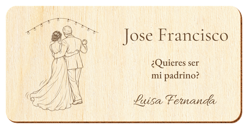 Simulation d’une plaque pour parrain de mariage, gravure laser sur contreplaqué, scène La première danse, Jose Francisco et Luisa Fernanda, personnages vus de dos sans visage.
