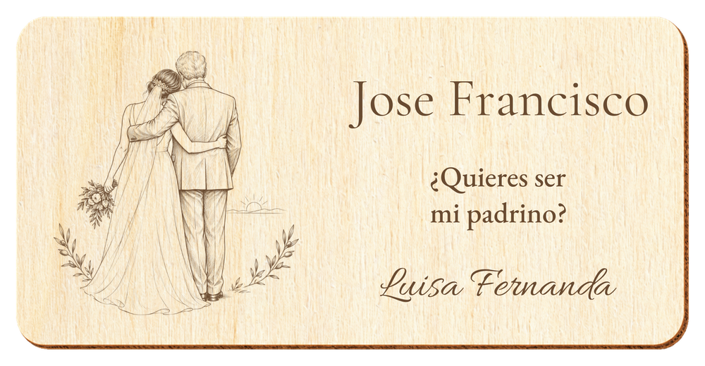 Simulation d’une plaque pour parrain de mariage, gravure laser sur contreplaqué, scène Avant le oui, Jose Francisco et Luisa Fernanda, personnages vus de dos sans visage.