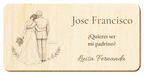 Simulation d’une plaque pour parrain de mariage, gravure laser sur contreplaqué, scène Avant le oui, Jose Francisco et Luisa Fernanda, personnages vus de dos sans visage.