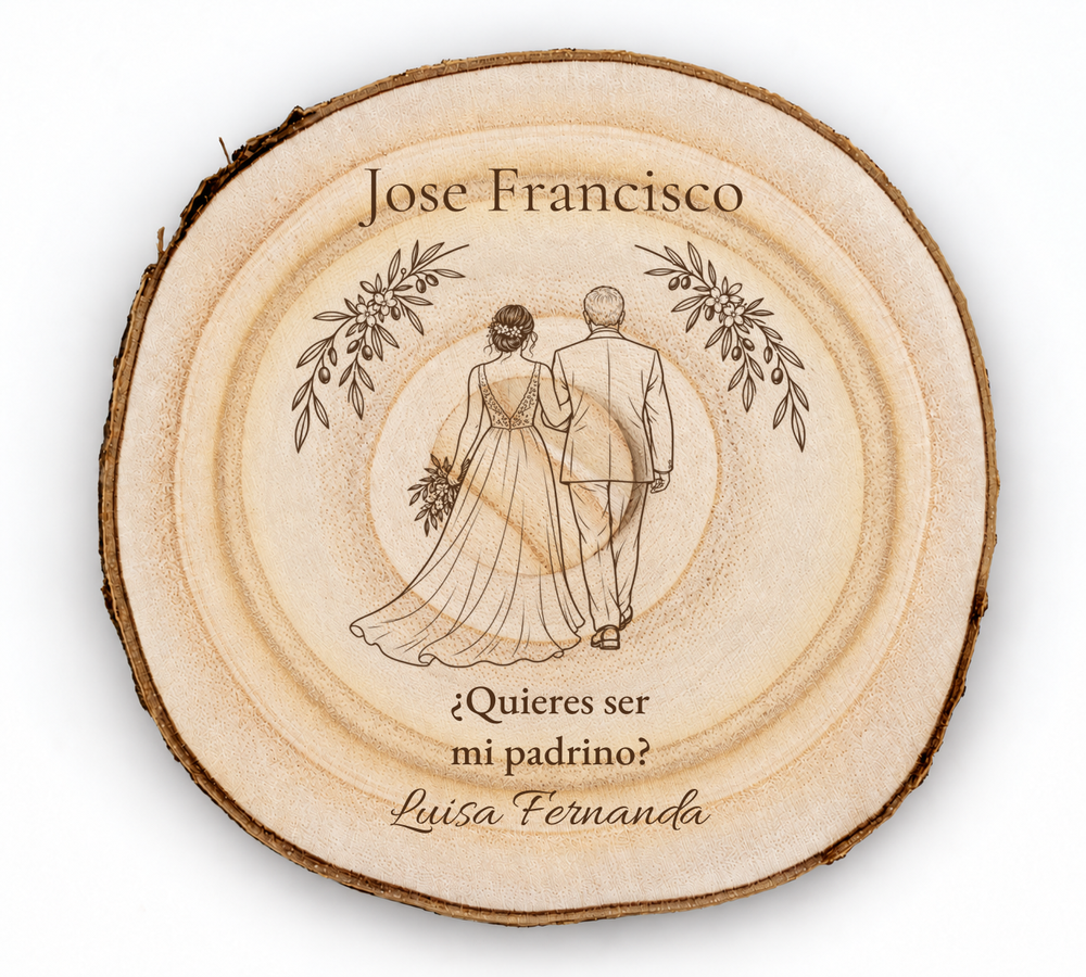 Simulation d’une plaque pour parrain de mariage, gravure laser sur paulownia, scène Accompagnement à l’autel, Jose Francisco et Luisa Fernanda, personnages vus de dos sans visage.