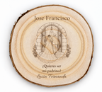 Simulation d’une plaque pour parrain de mariage, gravure laser sur paulownia, scène Entrée à l’église, Jose Francisco et Luisa Fernanda, personnages vus de dos sans visage.