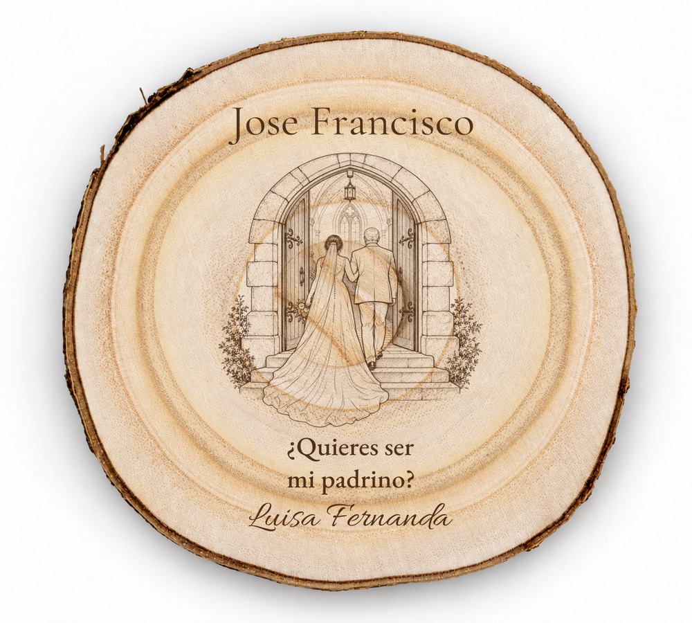 Simulation d’une plaque pour parrain de mariage, gravure laser sur paulownia, scène Entrée à l’église, Jose Francisco et Luisa Fernanda, personnages vus de dos sans visage.