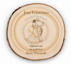 Simulation d’une plaque pour parrain de mariage, gravure laser sur paulownia, scène La première danse, Jose Francisco et Luisa Fernanda, personnages vus de dos sans visage.