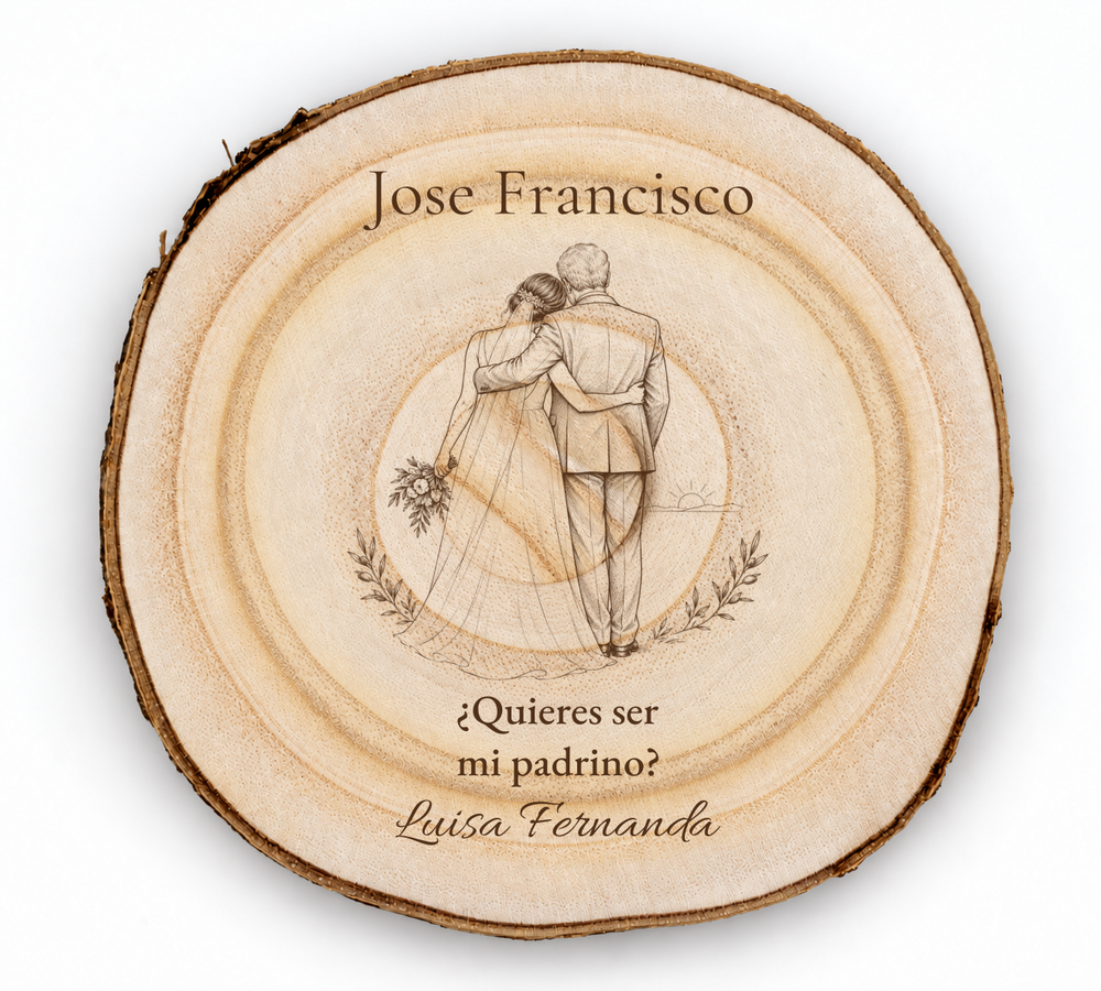 Simulation d’une plaque pour parrain de mariage, gravure laser sur paulownia, scène Avant le oui, Jose Francisco et Luisa Fernanda, personnages vus de dos sans visage.