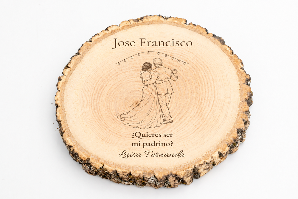 Simulation d’une plaque pour parrain de mariage, gravure laser sur frêne, scène La première danse, Jose Francisco et Luisa Fernanda, personnages vus de dos sans visage.